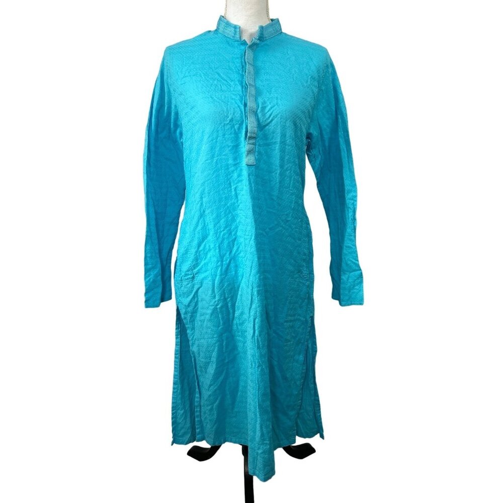 Kaftan Dress Women XL blue Button indian straight‎ kurta kurti tunic mock neck